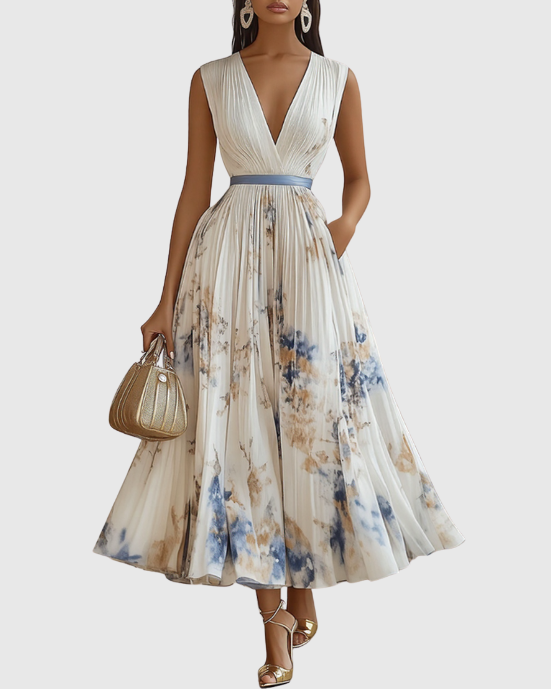 Robe longue plissée vue de face, encolure V et manches longues
