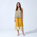 Robe midi sans manches à pois jaune et blocs de couleur, vue de face