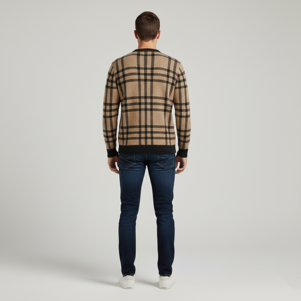 Pull homme col rond à carreaux