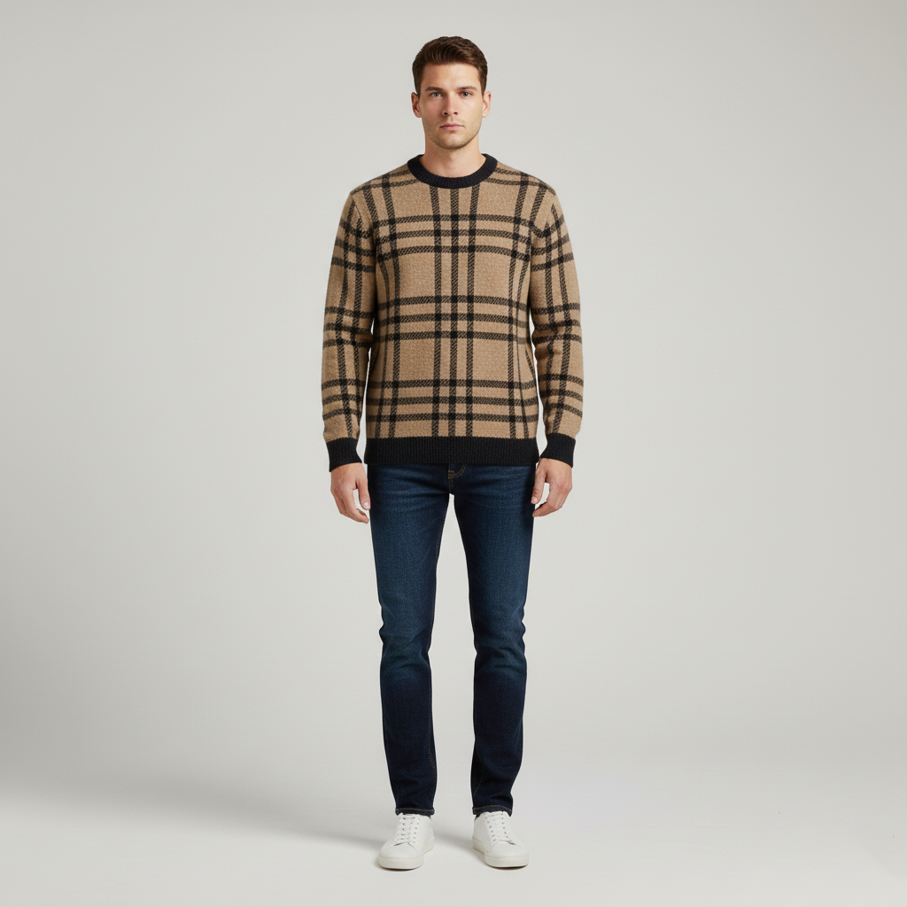 Pull homme col rond à carreaux