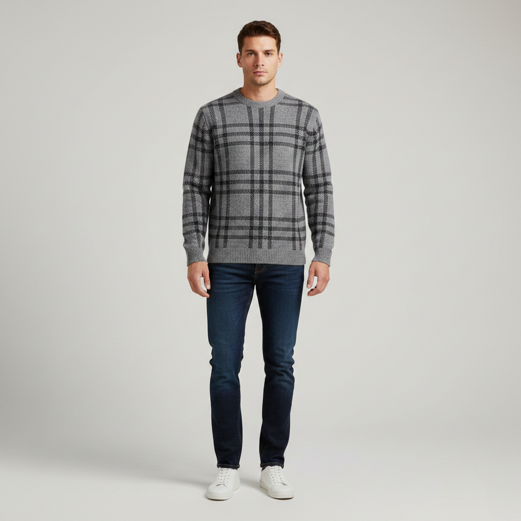 Pull homme col rond à carreaux