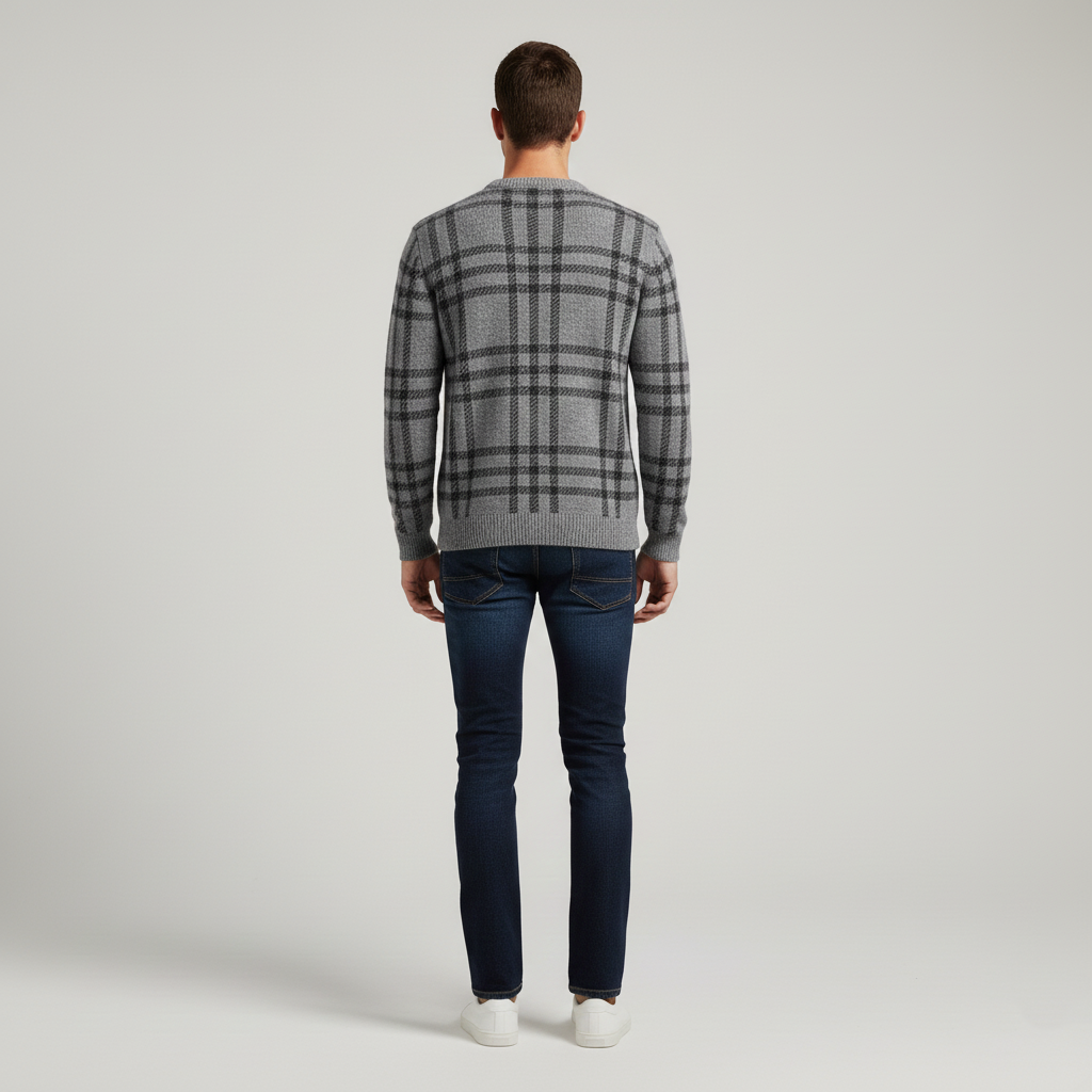 Pull homme col rond à carreaux