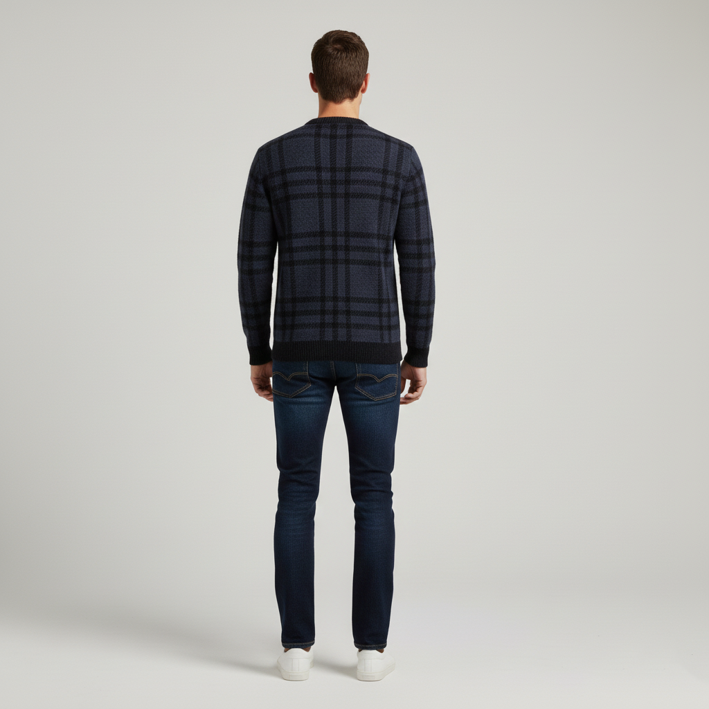 Pull homme col rond à carreaux