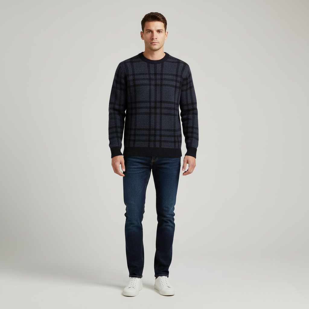 Pull homme col rond à carreaux