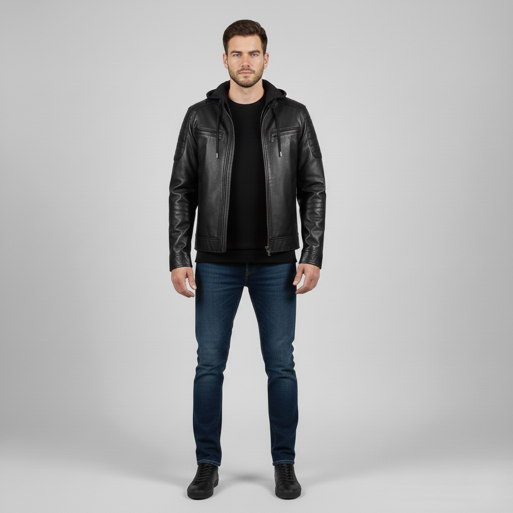 Veste en cuir pour homme avec capuche