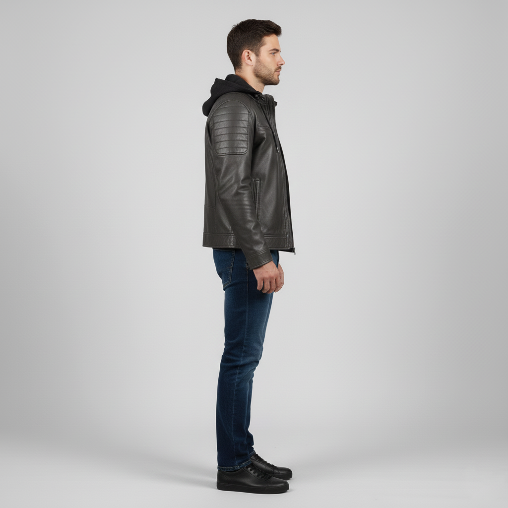 Veste en cuir pour homme avec capuche