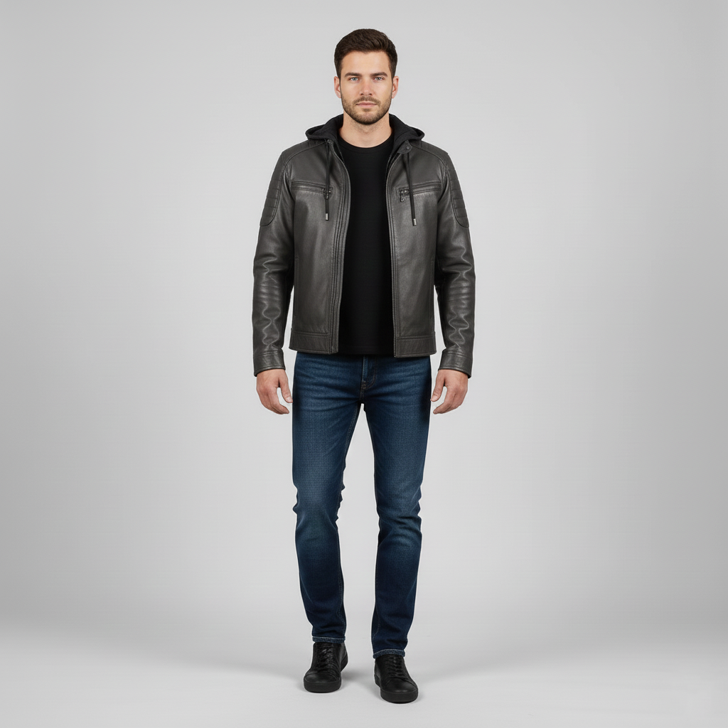Veste en cuir pour homme avec capuche