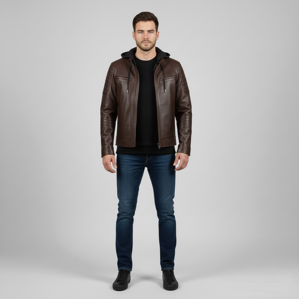 Veste en cuir pour homme avec capuche