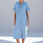 Robe chemise midi en jean bleu, manches courtes, boutonnage avant