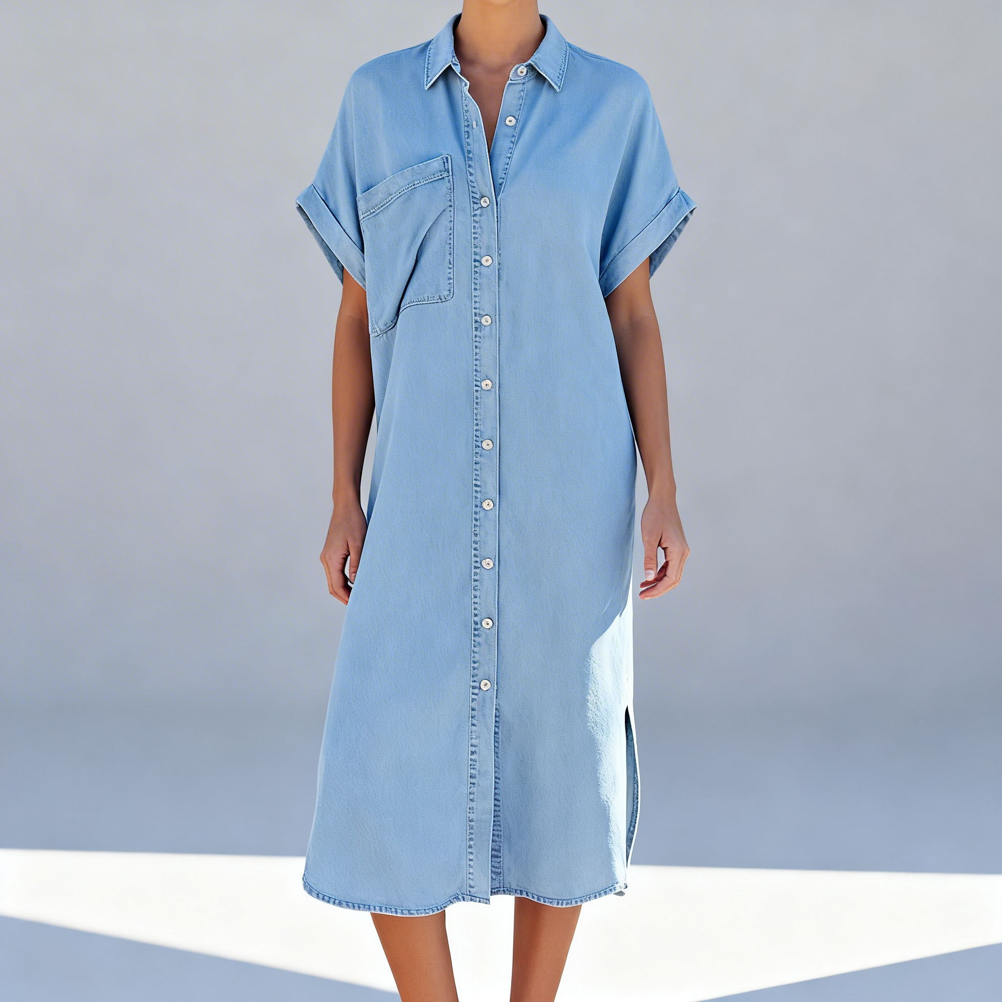 Robe chemise midi en jean bleu, manches courtes, boutonnage avant