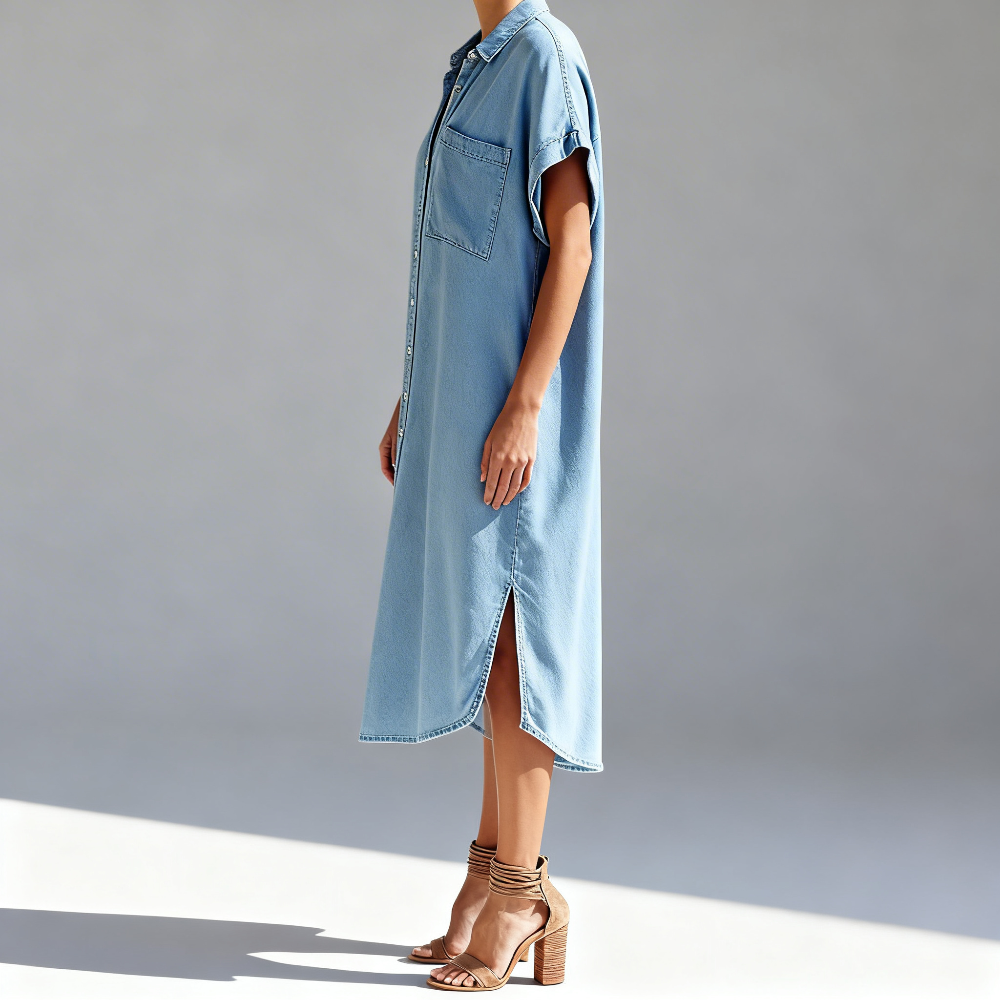 Robe chemise portée, vue de profil montrant la coupe et la longueur midi