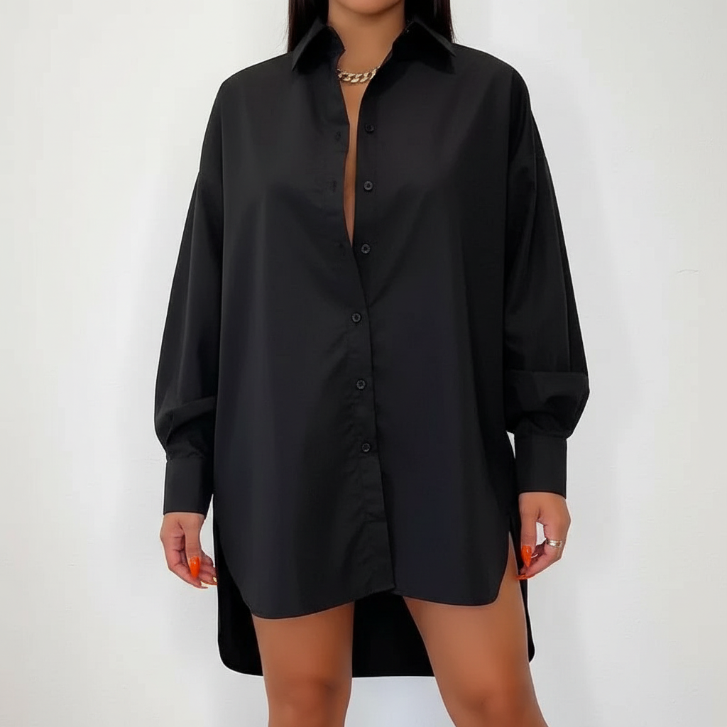 Femme portant une robe chemise mini oversize beige, vue de face