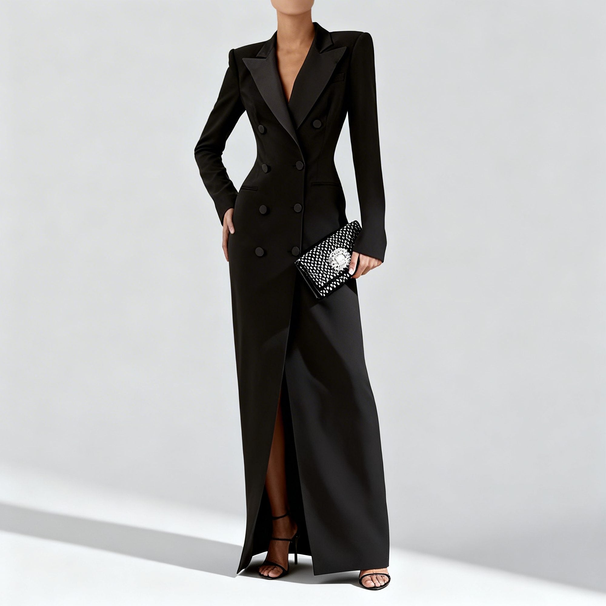 Robe blazer femme col V maxi robe élégante coupe structurée - vue de face