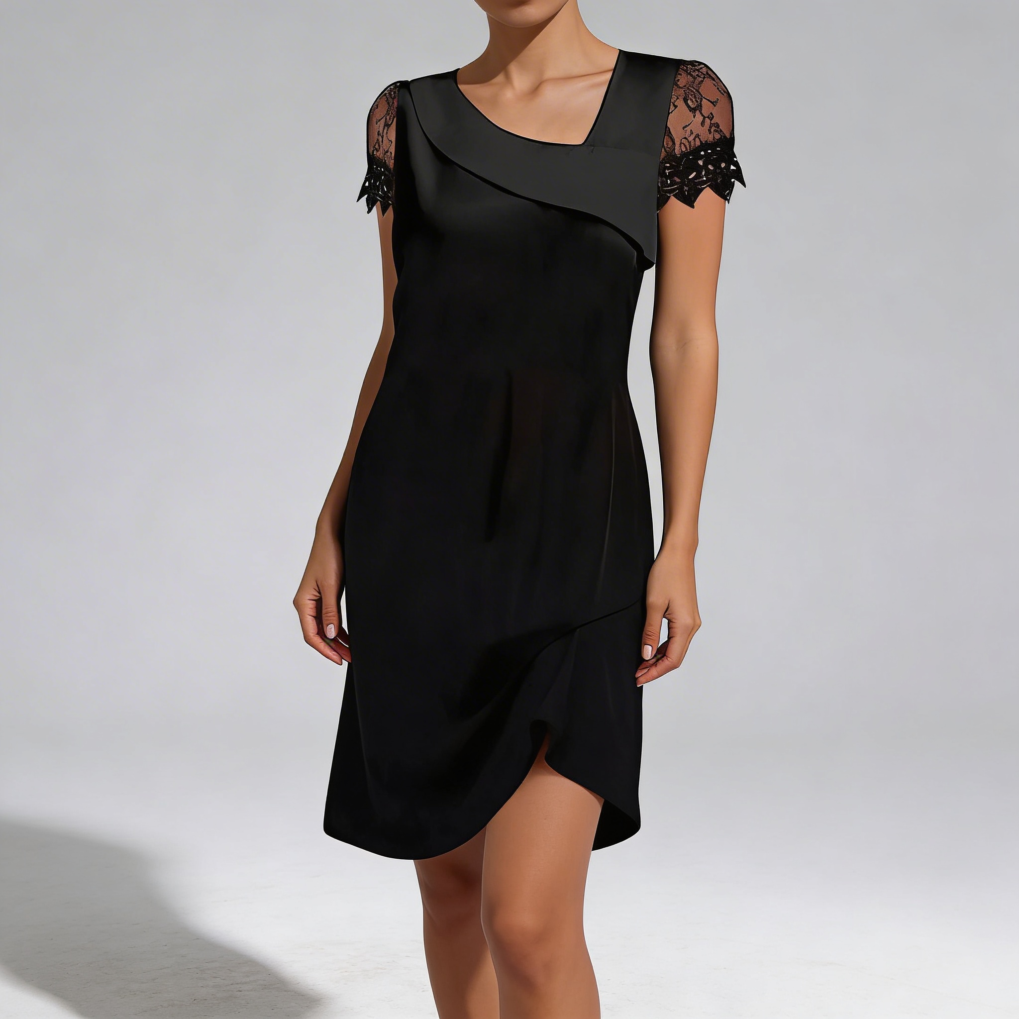 Robe de soirée noire ajustée vue de face sur mannequin
