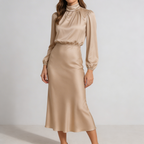 Robe midi fluide femme taille haute col classique vue de face