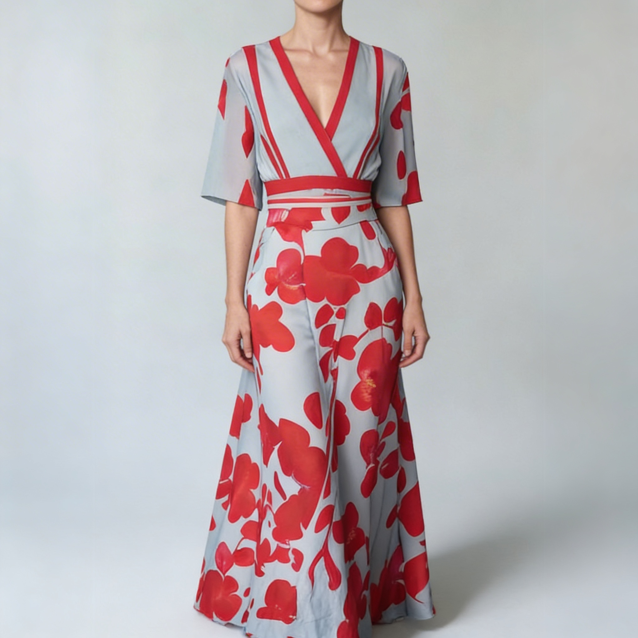 Femme portant une robe longue fleurie col V portefeuille coupe fluide