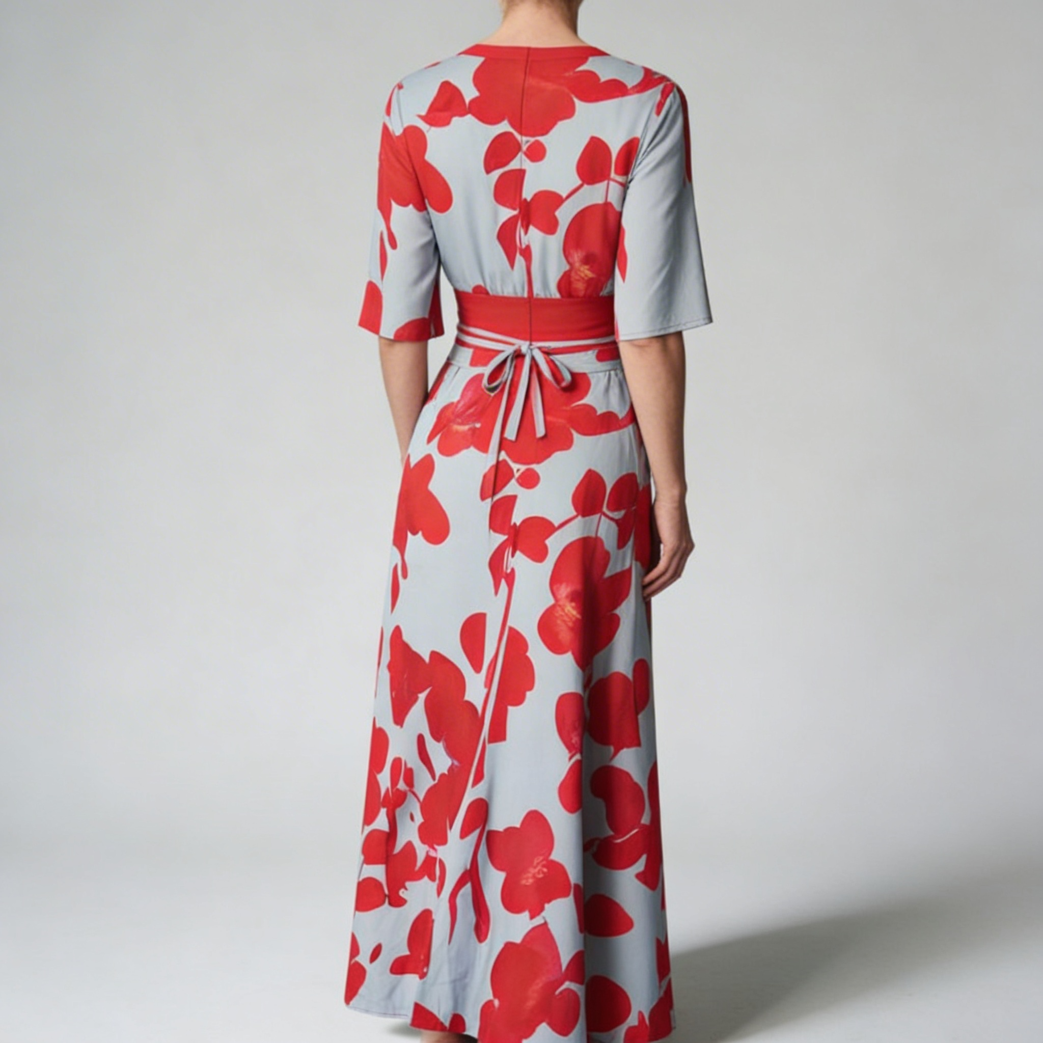 Robe maxi fluide présentée de profil mettant en avant la fluidité de la coupe