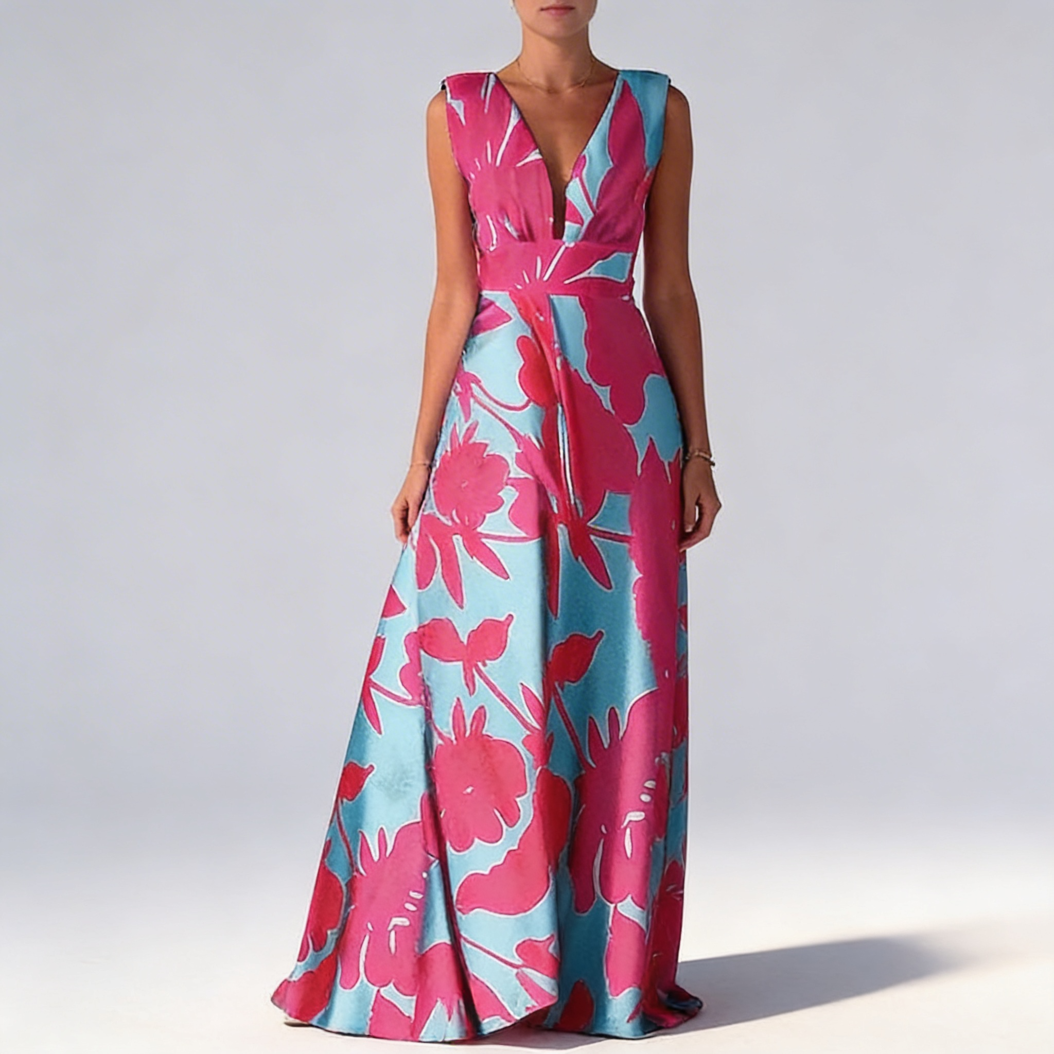 Robe longue satin asymétrique vue de face, col V profond