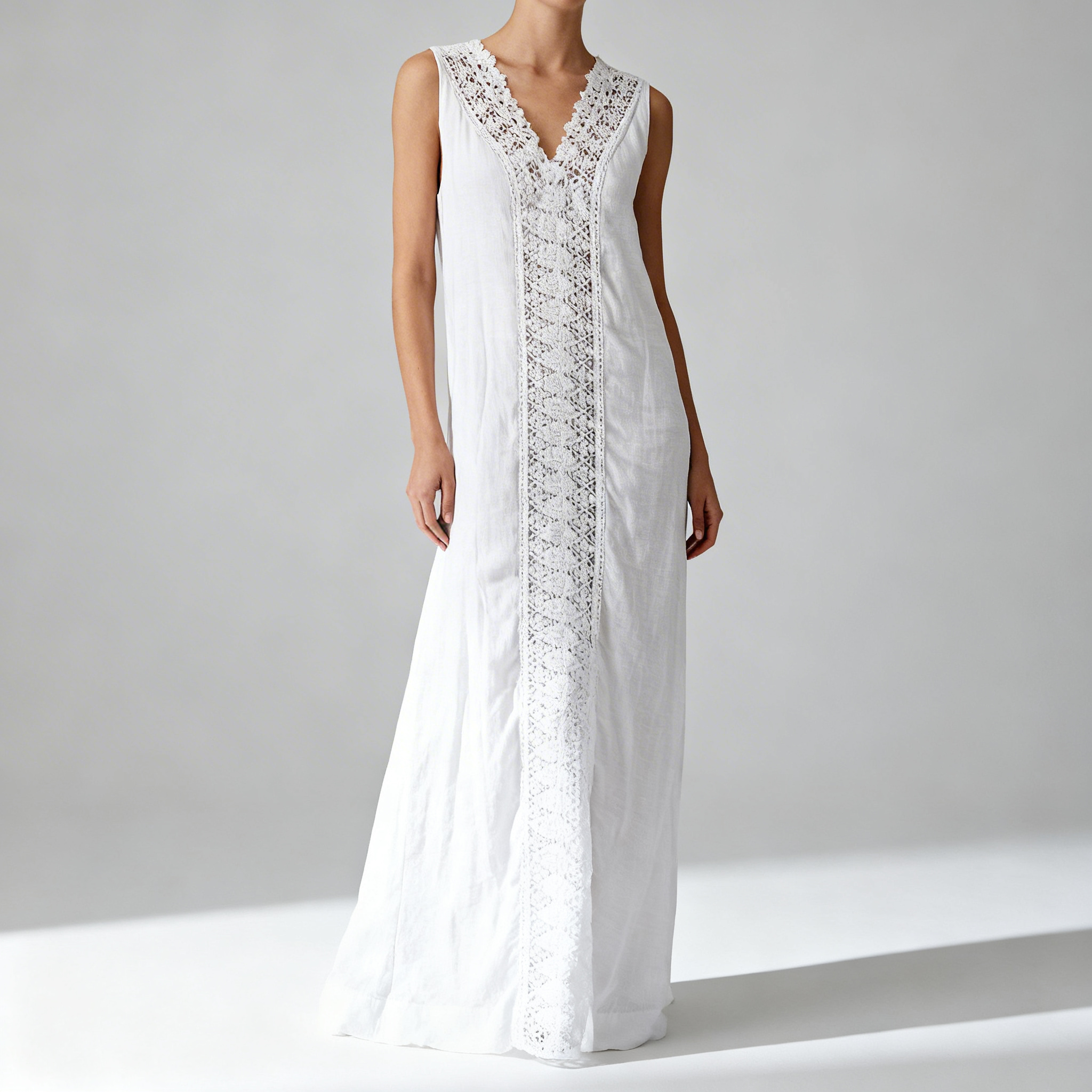 Robe maxi de plage femme sans manches, col V, avec panneau dentelle vertical
