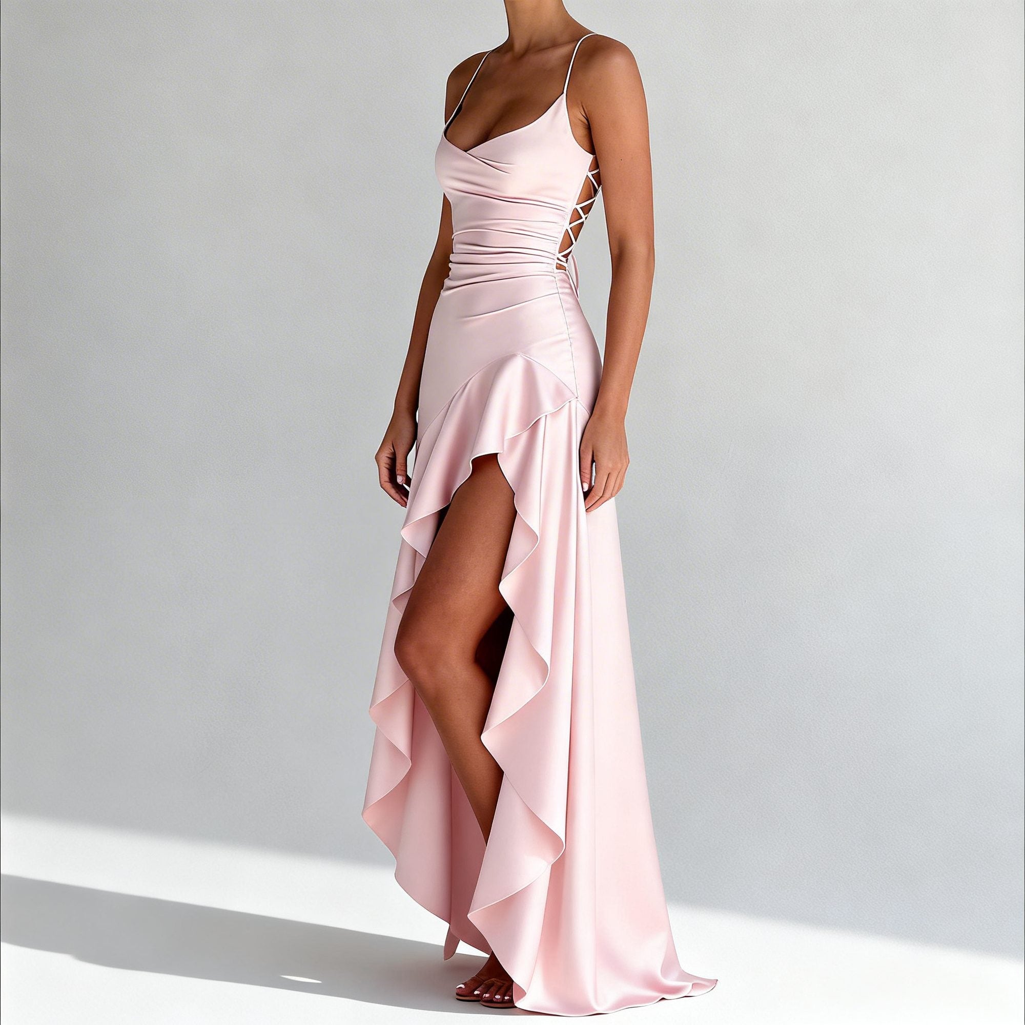 Détail du col cowl torsadé et décolleté de la robe maxi
