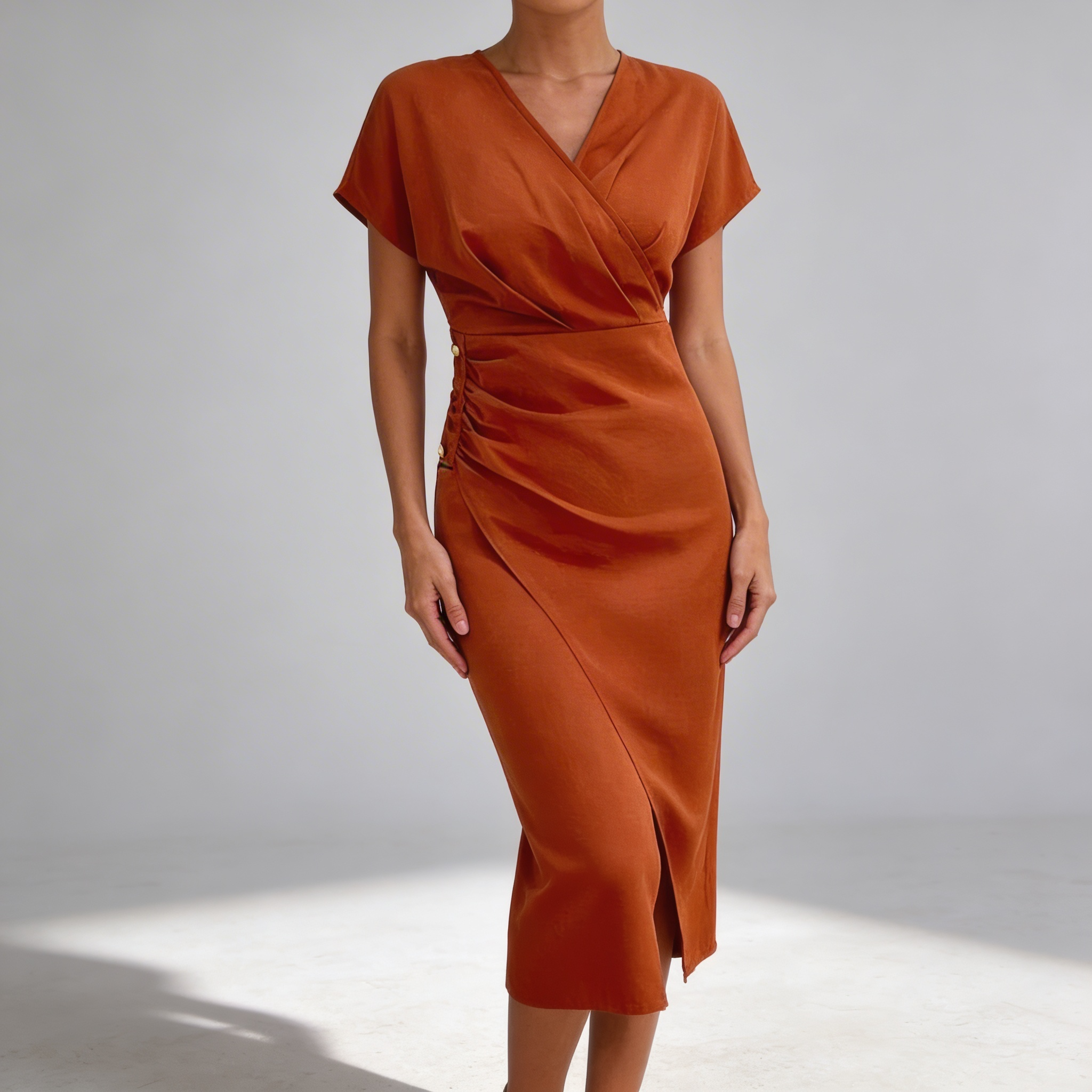 Femme portant une robe midi col V portefeuille fluide de face