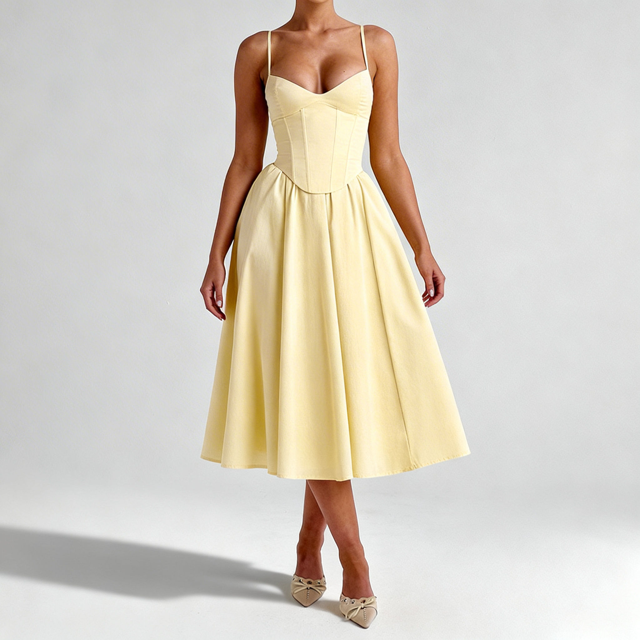 Femme portant une robe midi col cœur avec corsage ajusté