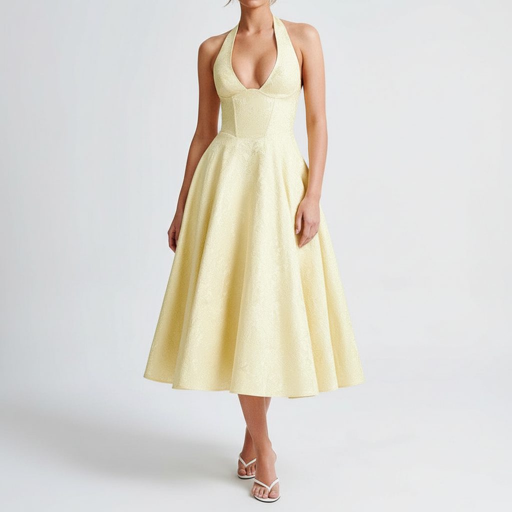 Femme portant robe midi corset halter avec dos lacé, vue de face