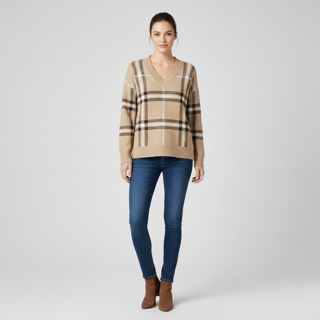 Pull classique col V à carreaux pour femme
