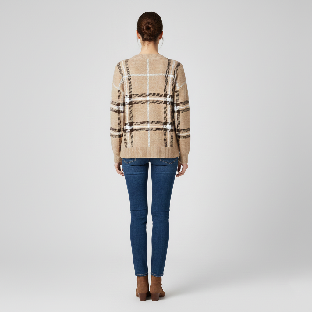 Pull classique col V à carreaux pour femme