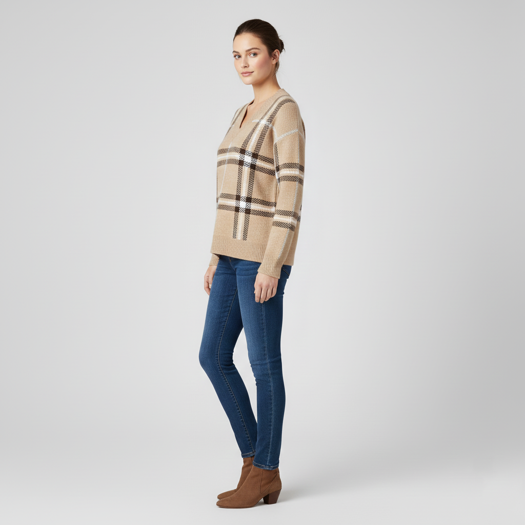 Pull classique col V à carreaux pour femme