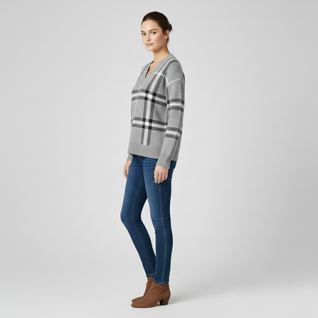 Pull classique col V à carreaux pour femme