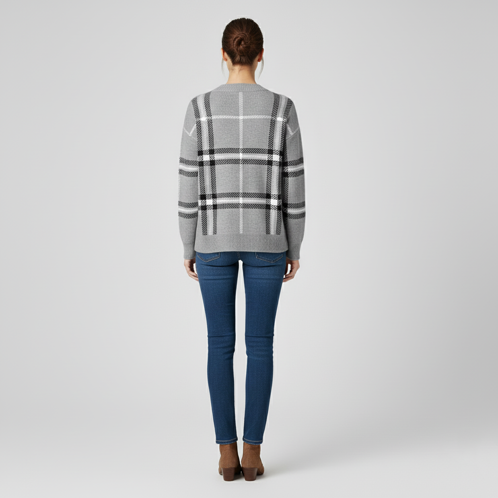 Pull classique col V à carreaux pour femme