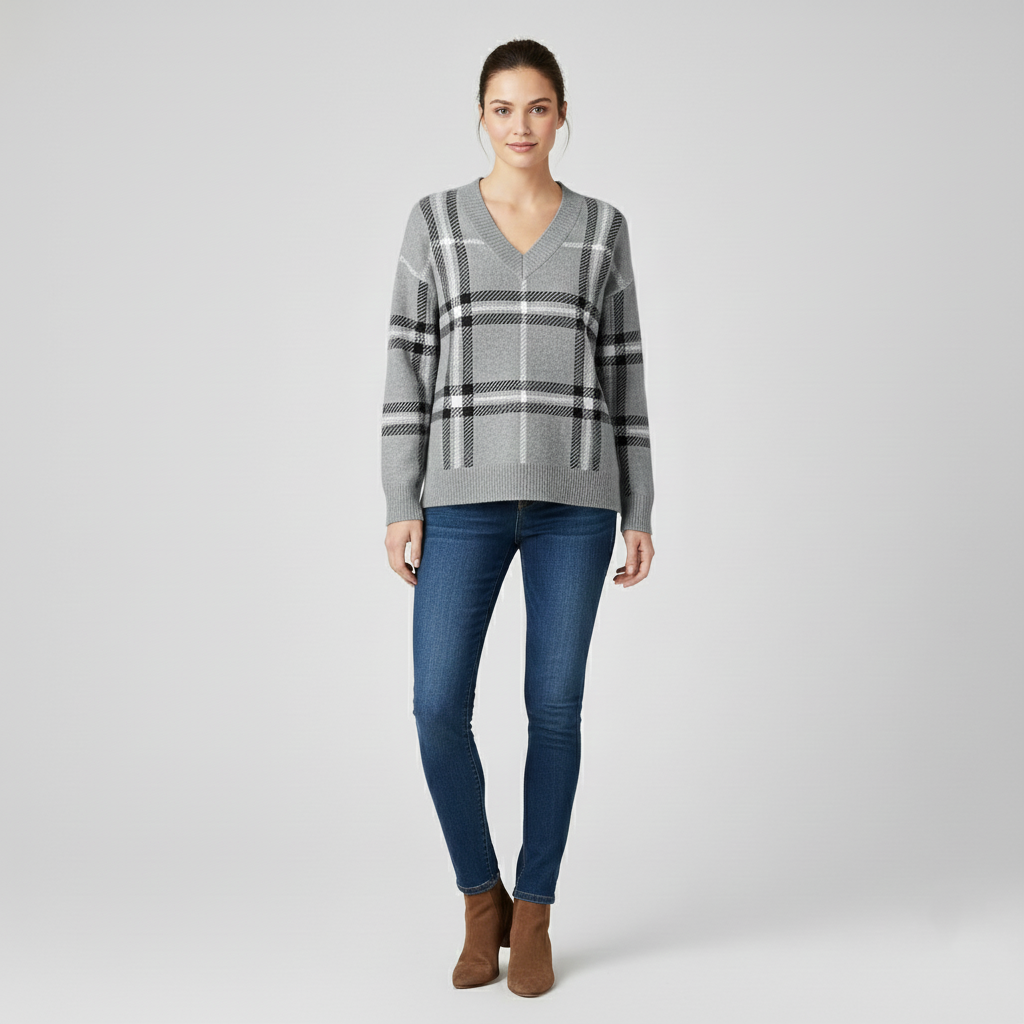 Pull classique col V à carreaux pour femme