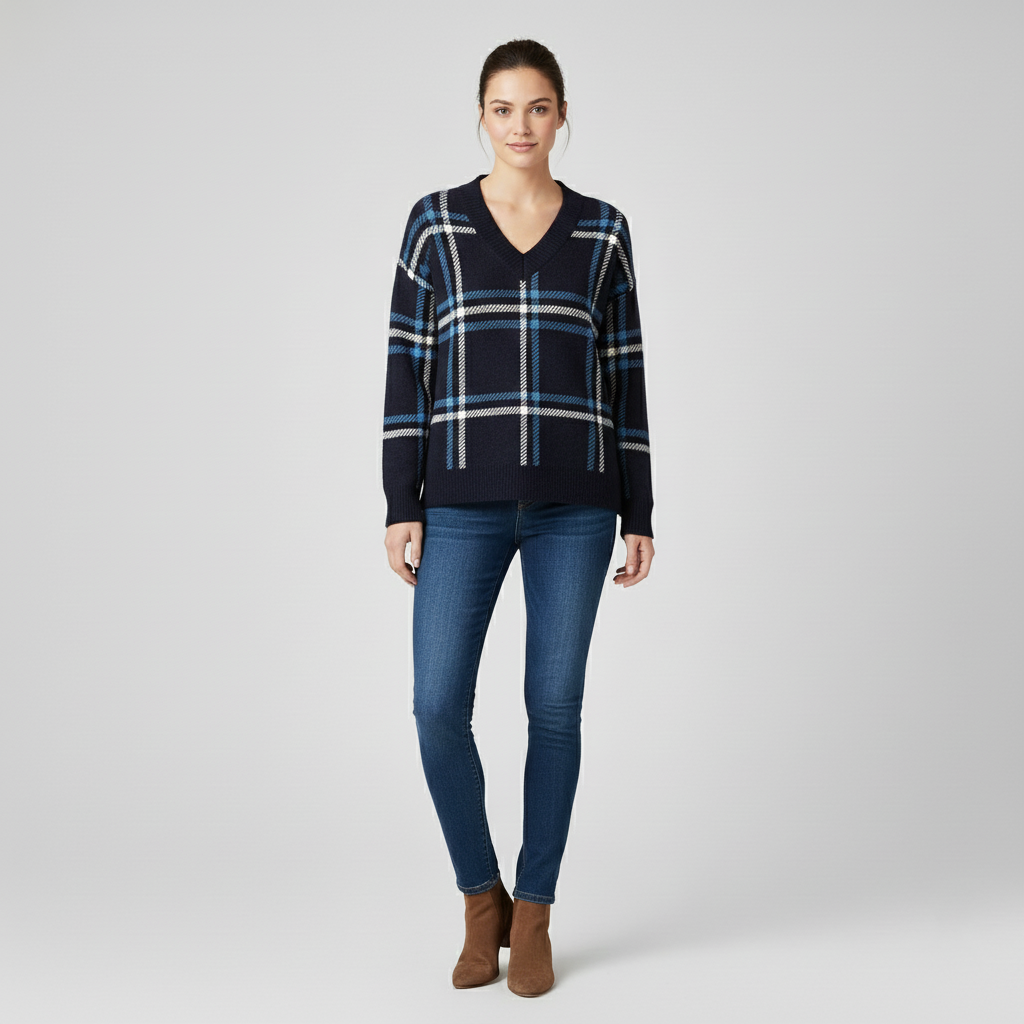 Pull classique col V à carreaux pour femme