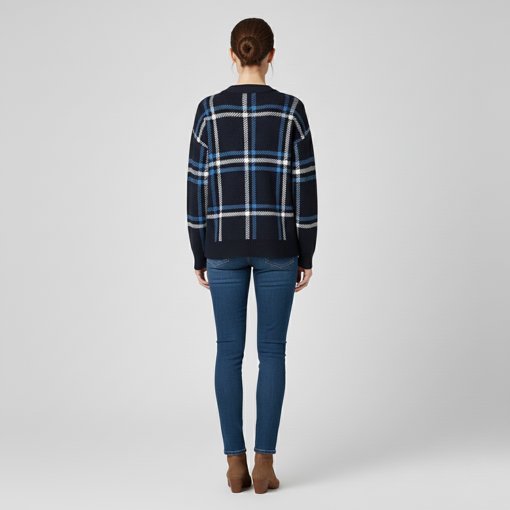 Pull classique col V à carreaux pour femme