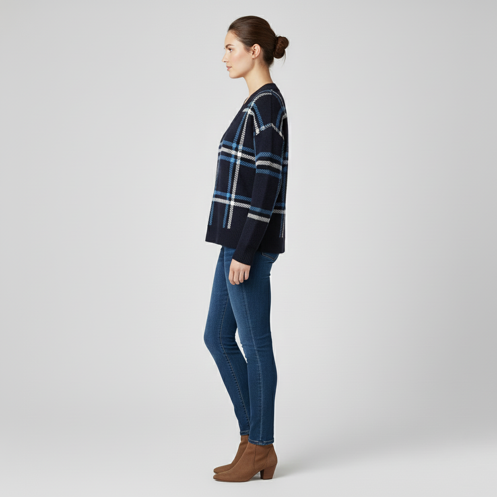 Pull classique col V à carreaux pour femme