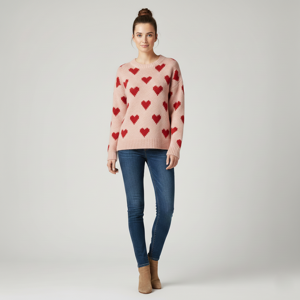 Pull femme à col rond avec motif cœur