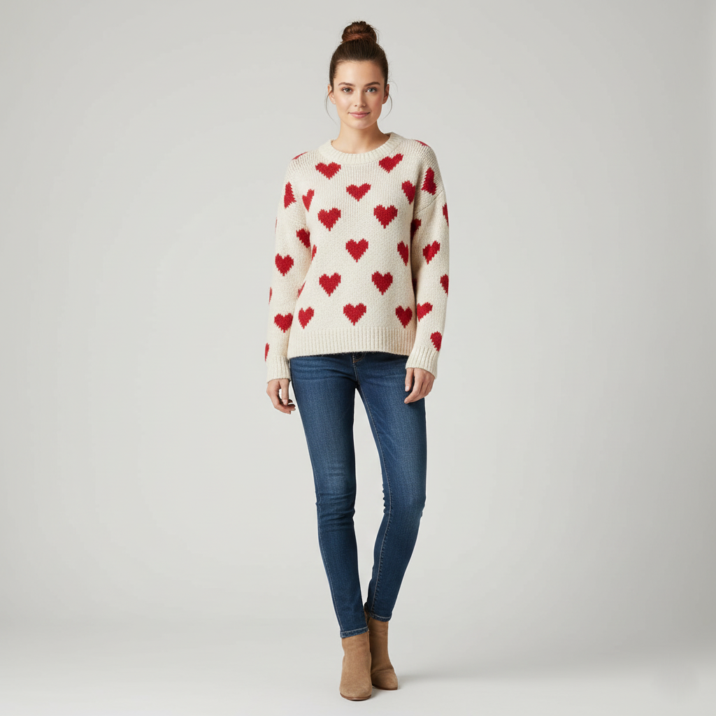 Pull femme à col rond avec motif cœur