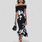 Robe midi imprimée, vue de dos et profil latéral