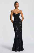 Robe longue bustier avec broderies florales en dentelle, vue de face