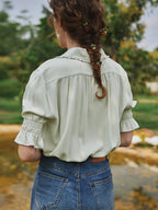 Blouse broderie florale col V manches courtes pour femme