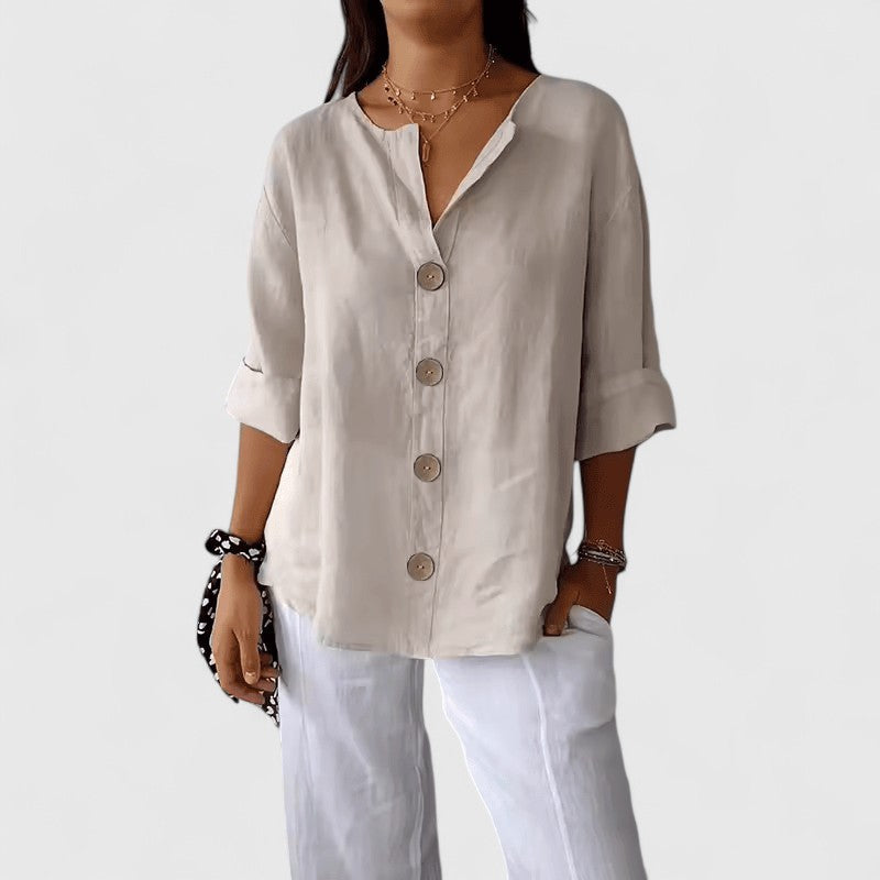 Blouse lin col V à boutons pour femme