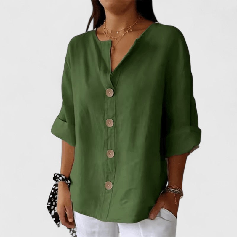 Blouse lin col V à boutons pour femme