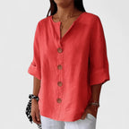 Blouse lin col V à boutons pour femme
