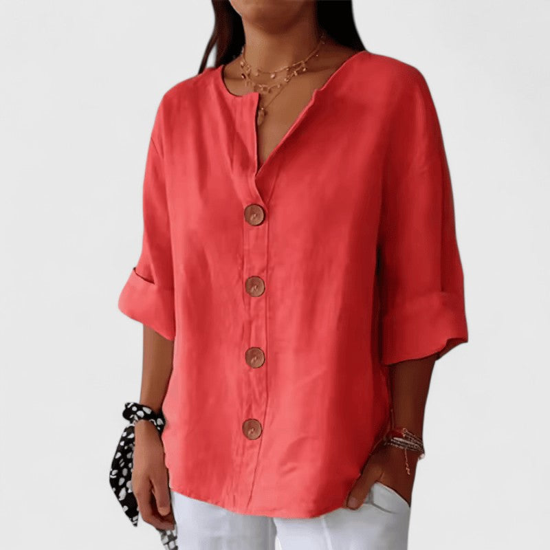 Blouse lin col V à boutons pour femme