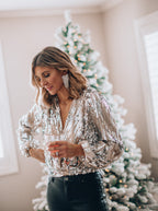 Blouse paillettes argentées col V manches longues pour femme