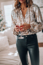 Blouse paillettes argentées col V manches longues pour femme