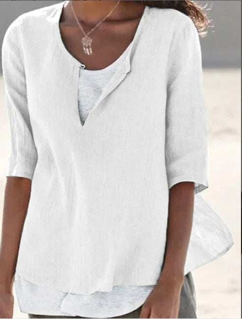 Blouse superposée en lin manches 3/4 pour femme