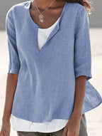 Blouse superposée en lin manches 3/4 pour femme