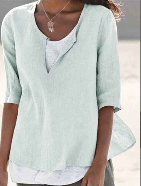 Blouse superposée en lin manches 3/4 pour femme